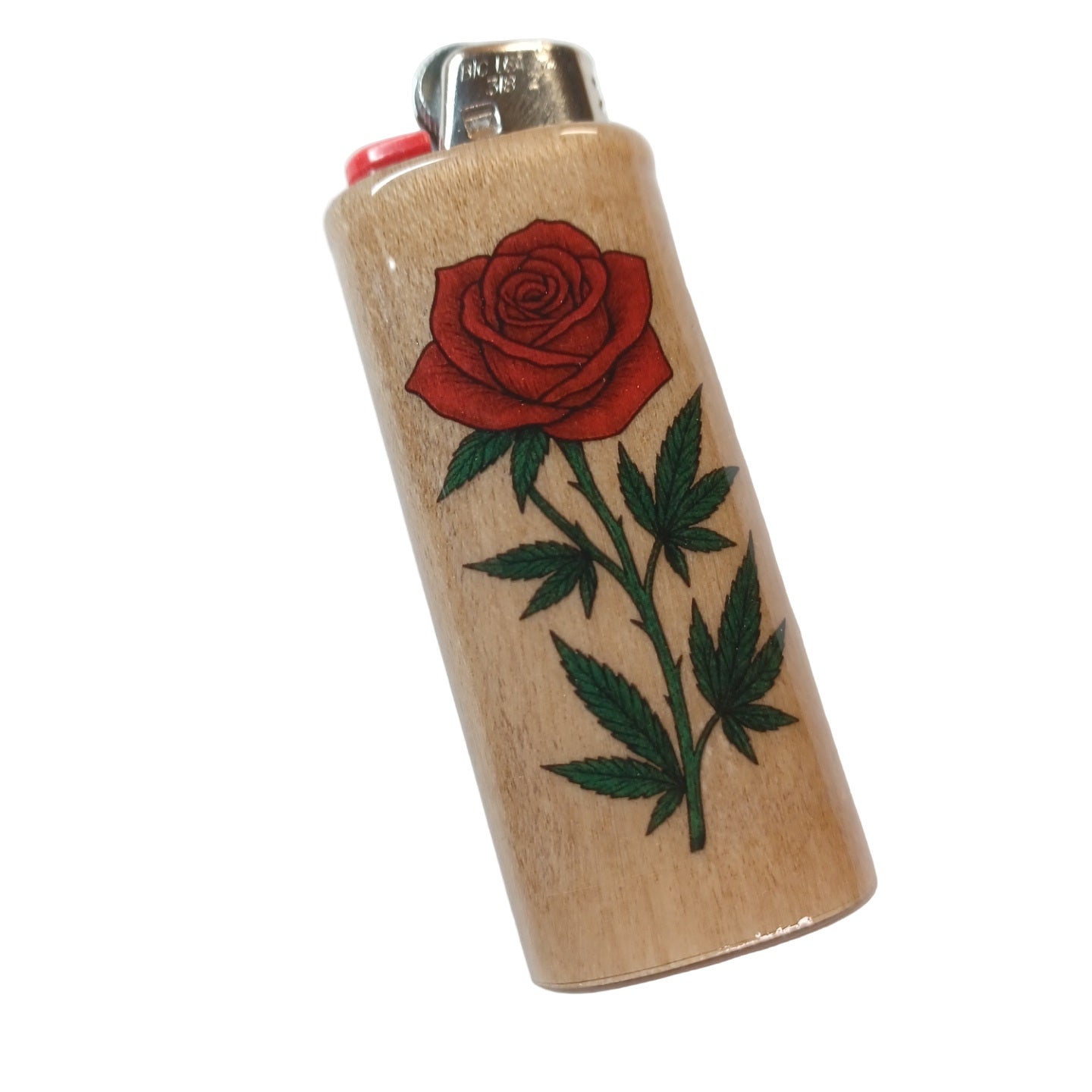 Lighter case with a red rose and green marijuana leaves design on a white background