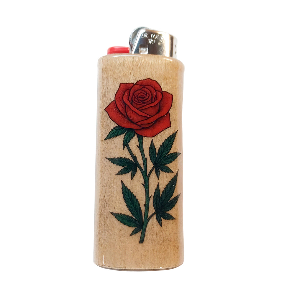 Lighter holder with a red rose design and pot leaves on a white background
