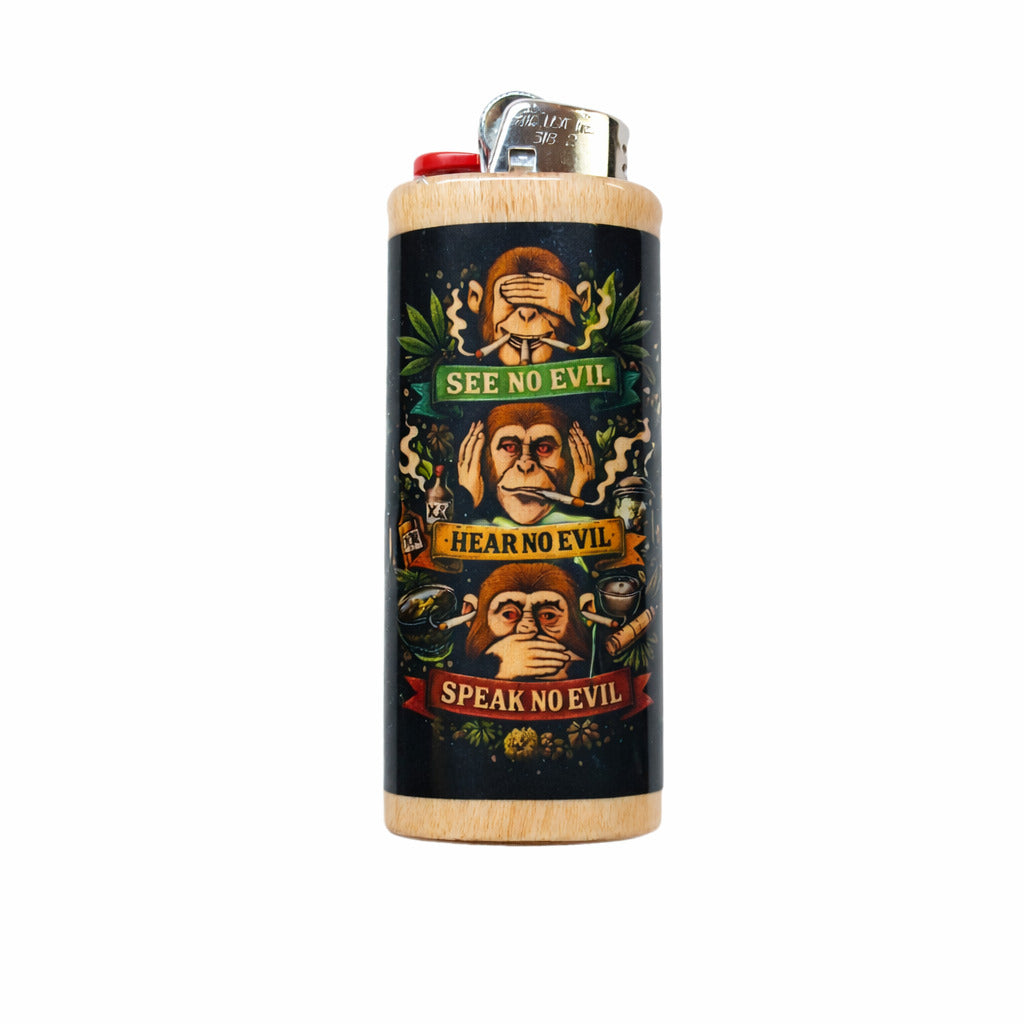 Lighter with monkey design and 'See No Evil, Hear No Evil, Speak No Evil' text on a white background