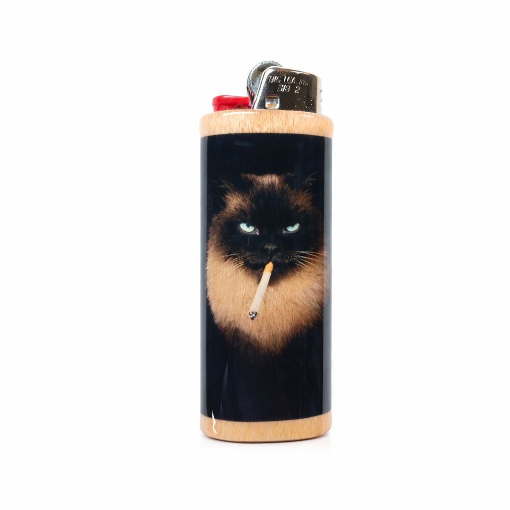 Siamese Cat Smoking Cigarette Wood Lighter Case For Bic Lighters Animal Art Design